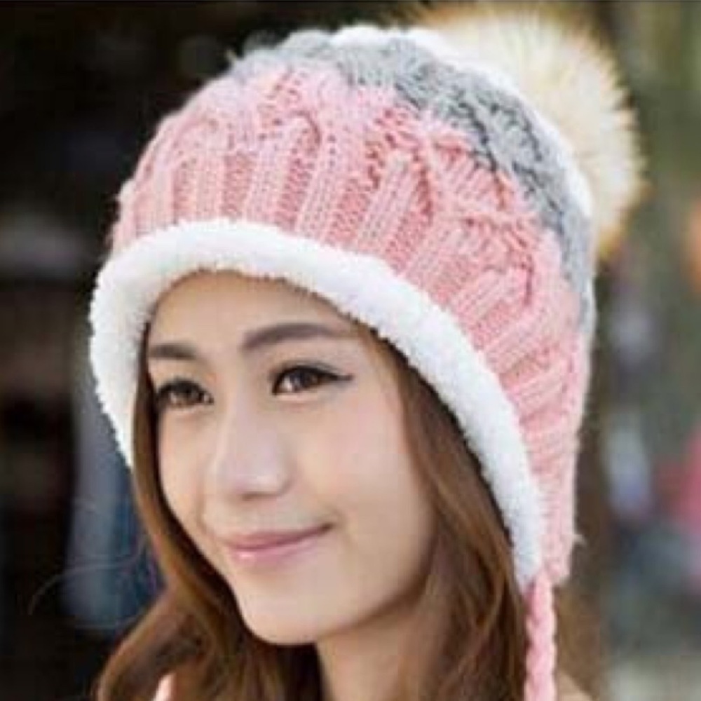 Gray, Pink & White Fleece Lined Beanie with Pom Poms - Picture 7 of 15
